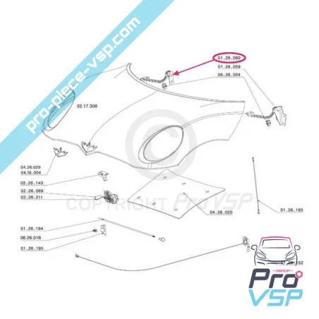 Right hood hinge for Chatenet CH26 , CH28 , CH30 , CH32 , Pick-up , Sporteevo