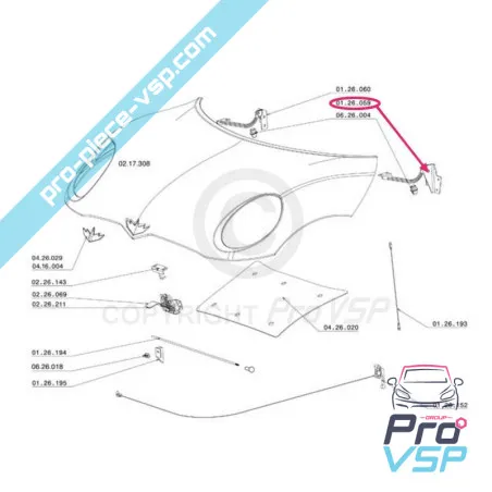 Charnière de capot gauche pour Chatenet CH26 , CH28 , CH30 , CH32 , Pick-up , Sporteevo