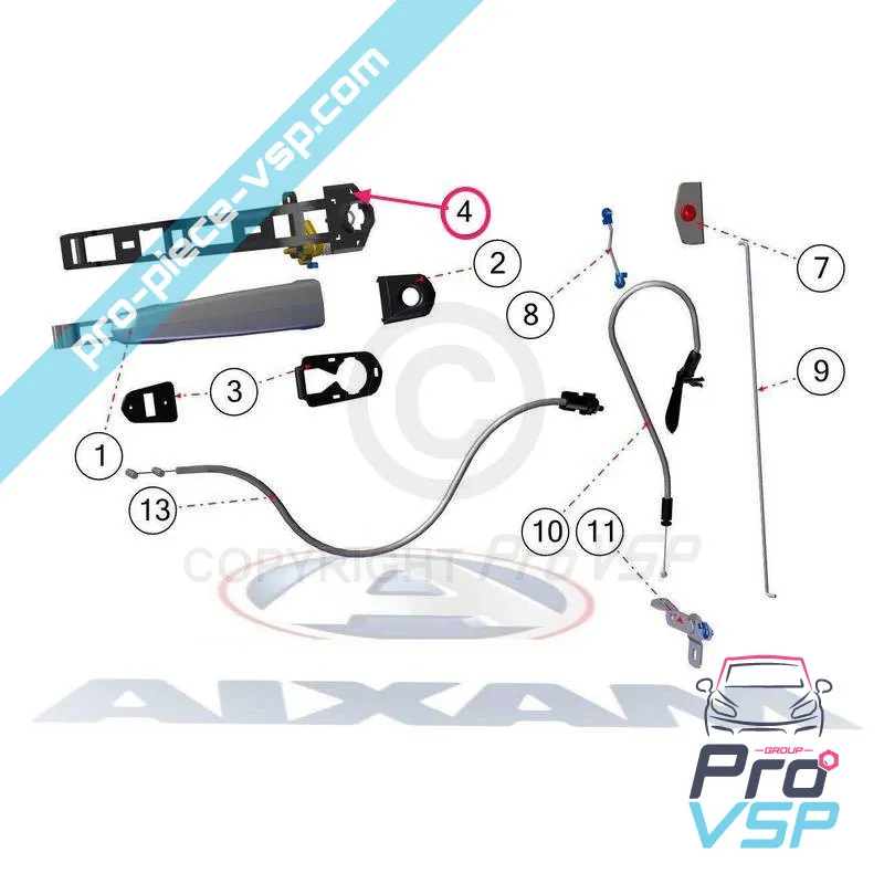 Right outdoor door handle base for aixam impulsion vision sensation
