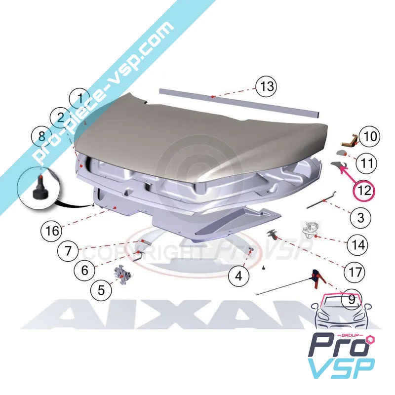 Charnière gauche de capot pour Aixam Sensation ( partie sur le capot )