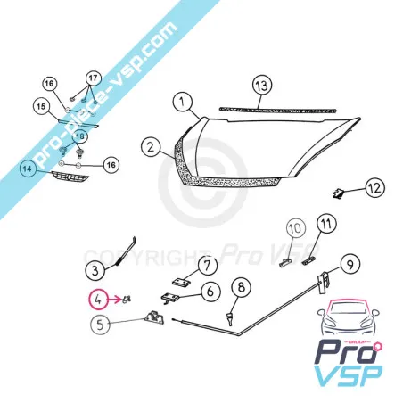 Hood stem staple for Aixam