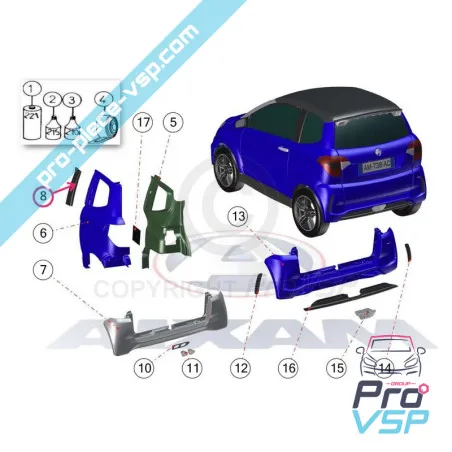 Centralt utomhus vänster svart glans för Aixam Impulsion Vision