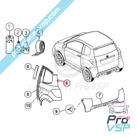 Vänster bakre vinge gul metall ursprung för Aixam City Impulsion Vision